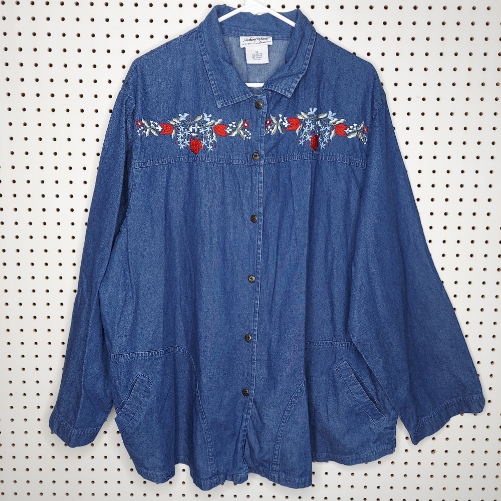 Anthony Richard Denim Shacket Jacket Womens 3X Embroidered‎ Floral Pocket Button
